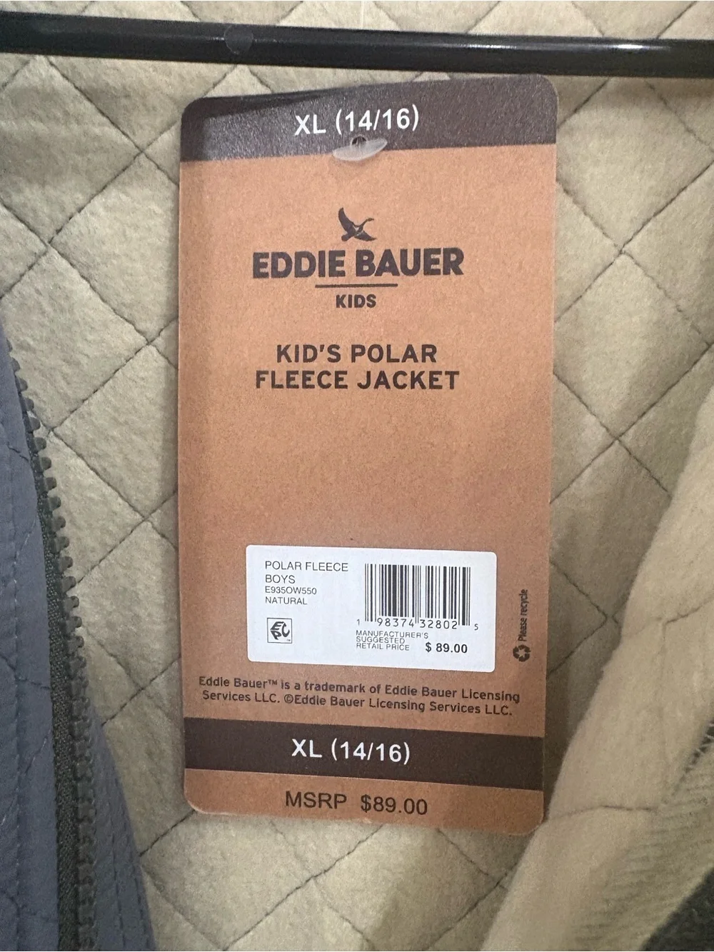 Eddie Bauer Boys Quilted Jacket in Tan & Olive with Orange Trim